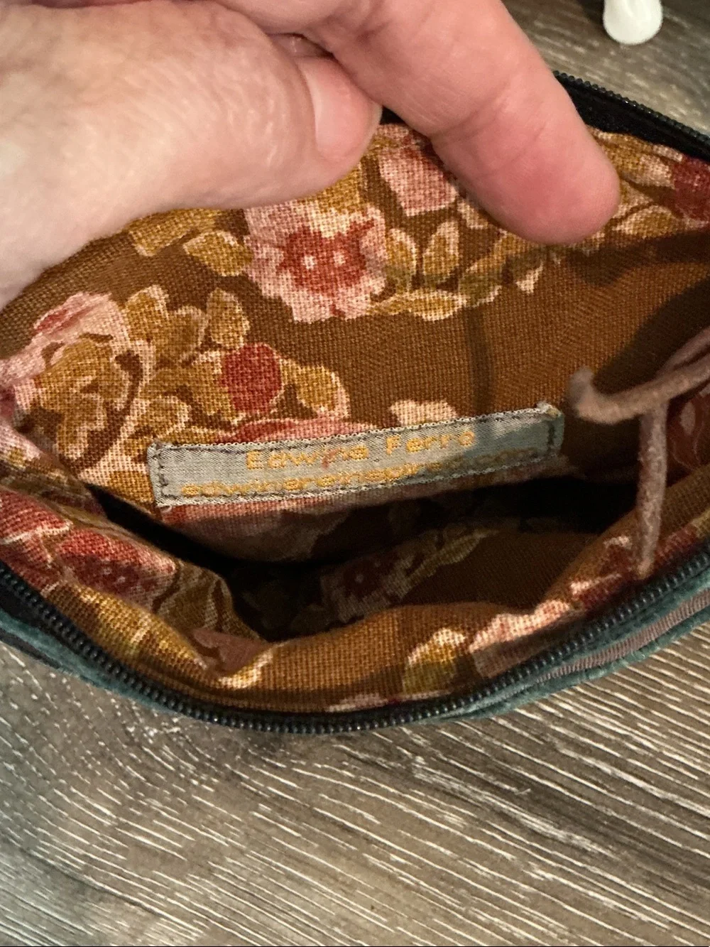 Edwina Ferro Teal Green and Brown Striped Velvet Cosmetic Pouch 6.5x5 EUC